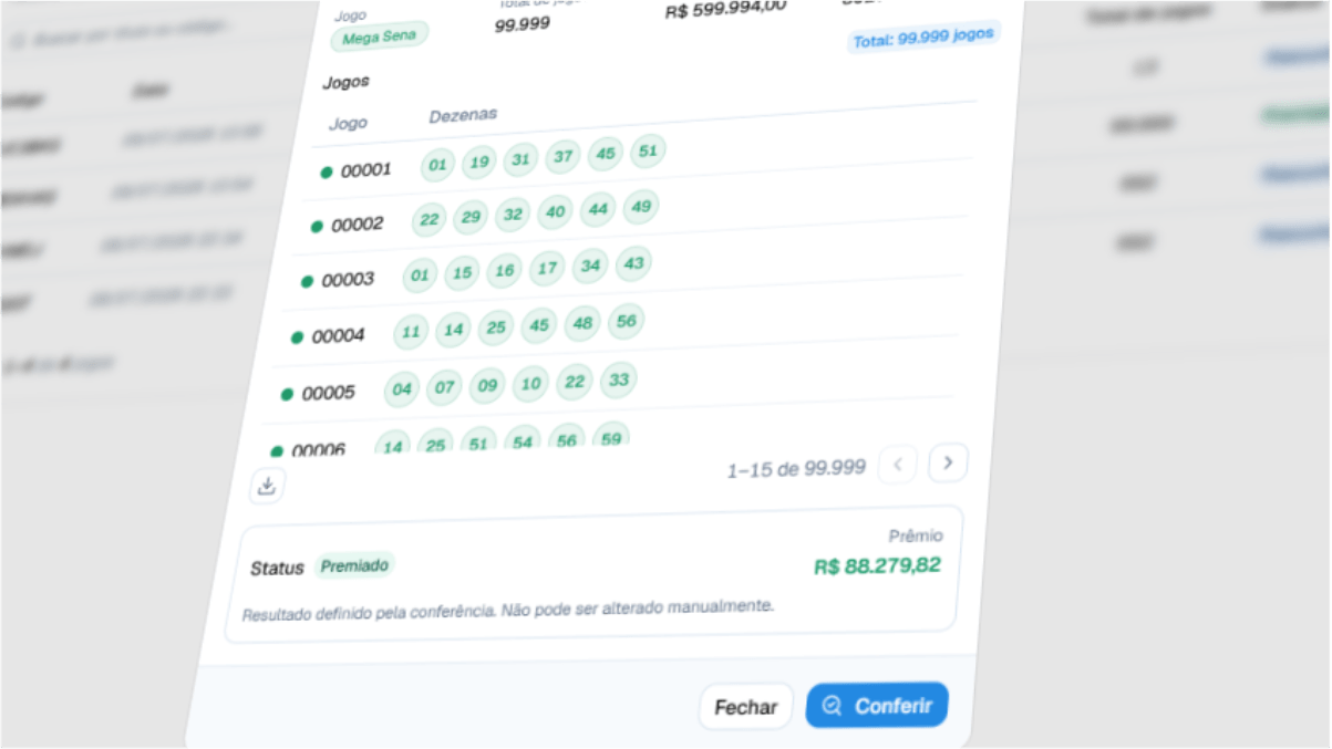 Modal de conferência do JLP Web mostrando os jogos de uma aposta da Mega Sena e o status Premiado com o valor do prêmio